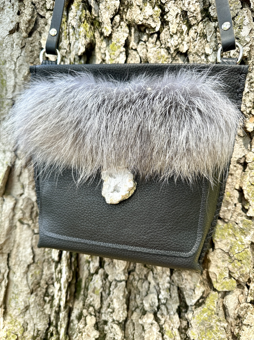 Black crossbody bag with silver fox fur trim